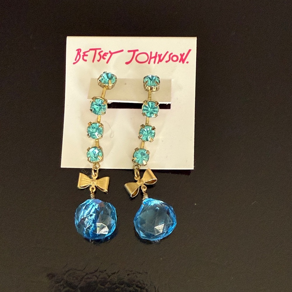 Betsey Johnson Blue and Gold Crystal Bow Earrings